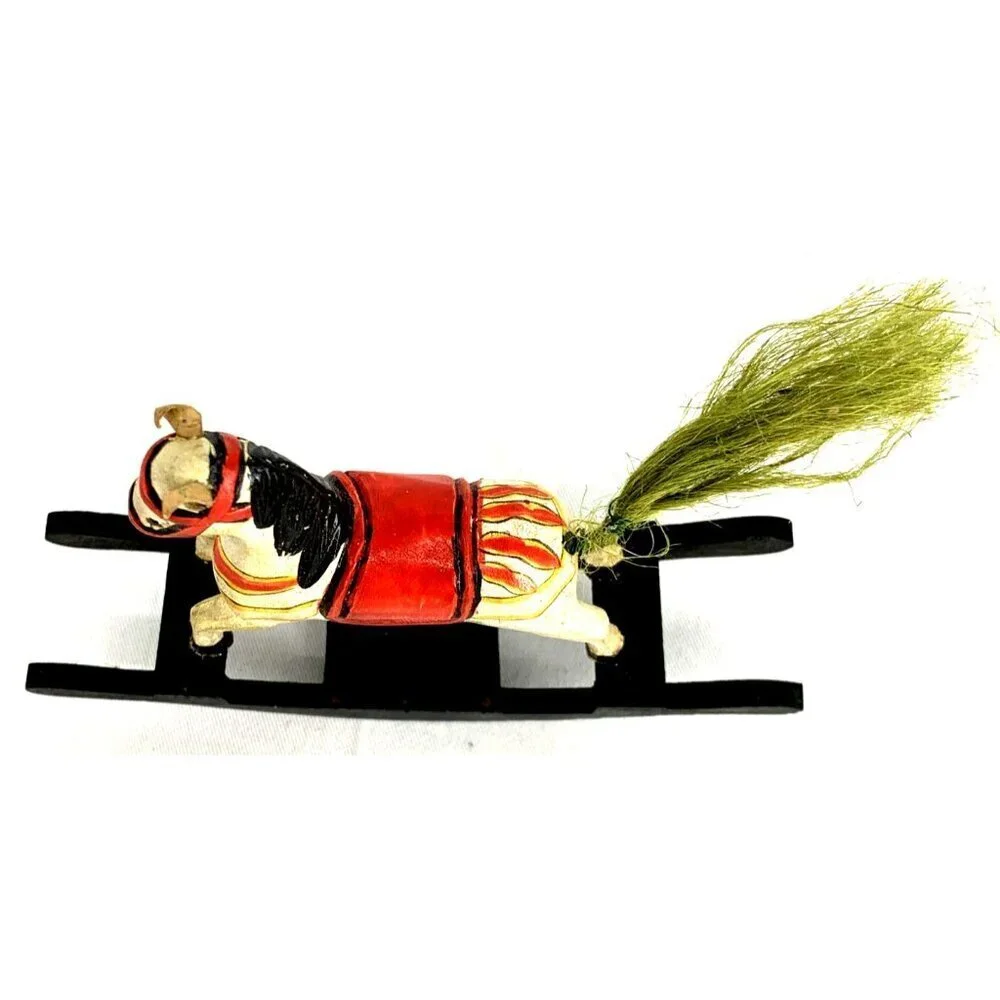 Wooden Rocking Horse Figurine Hand Painted Rope Tail Leather Ears 6